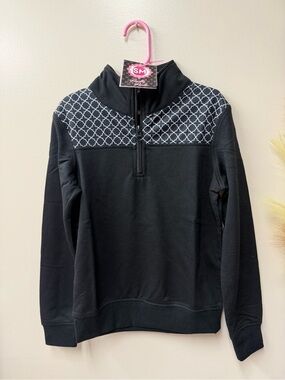 Girls' Black Quarter-Zip Hoodie with Geo Yoke